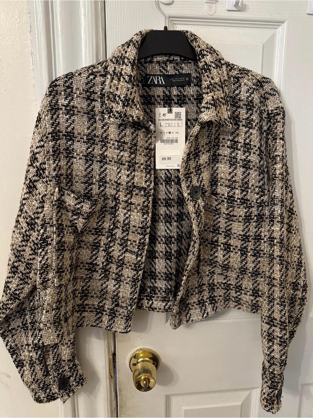 Zara Black and Cream Tweed Cropped Blazer